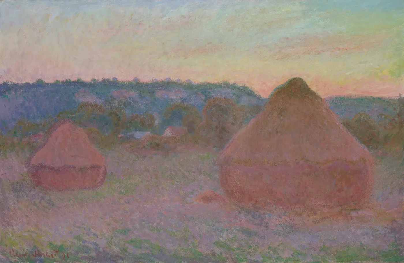 Claude Monet, Stacks of Wheat (End of Day, Autumn), 1890 to 1891: two stacks glowing pink in low autumn light
