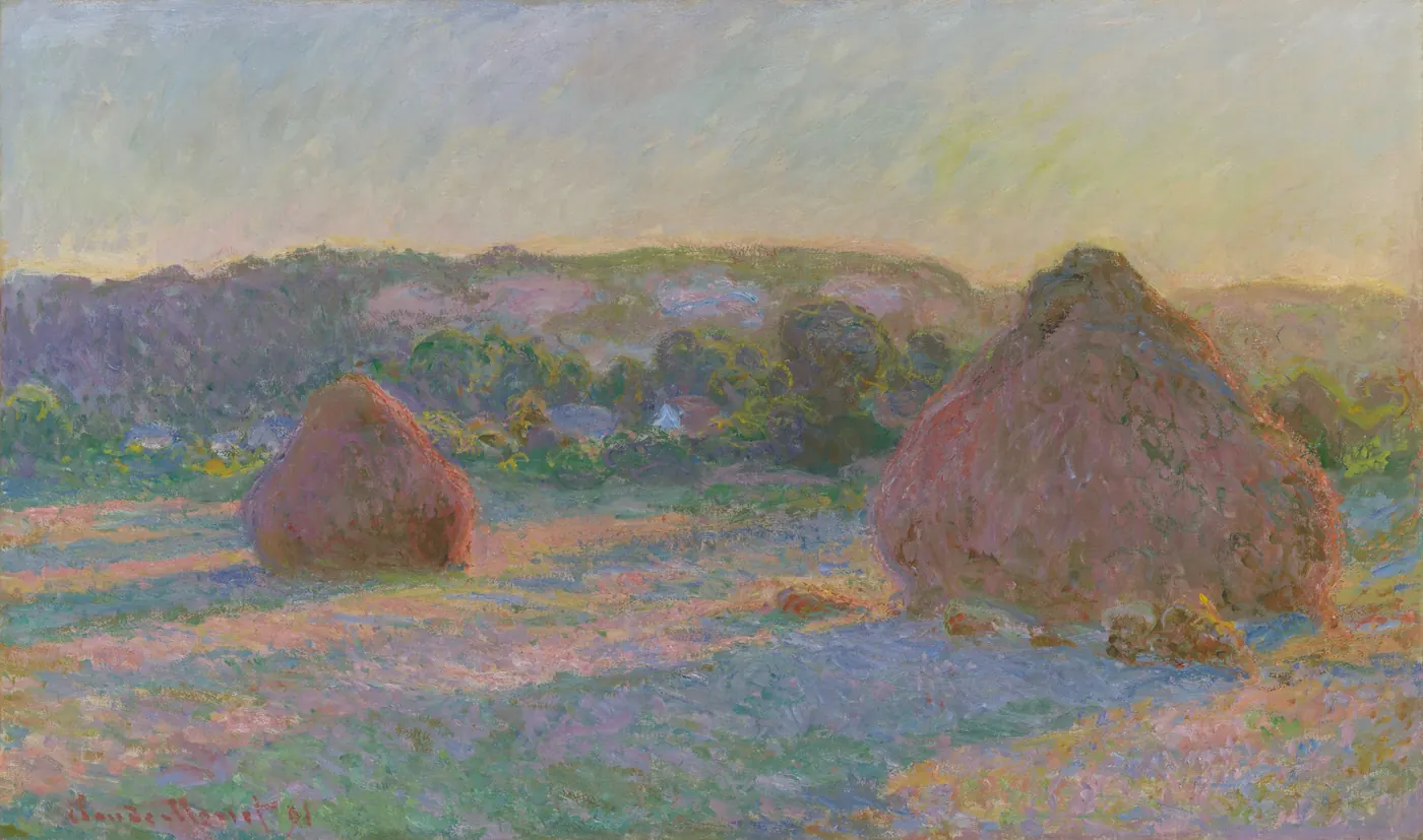 Claude Monet, Stacks of Wheat (End of Summer), 1890 to 1891: two wheat stacks in a field at the end of summer