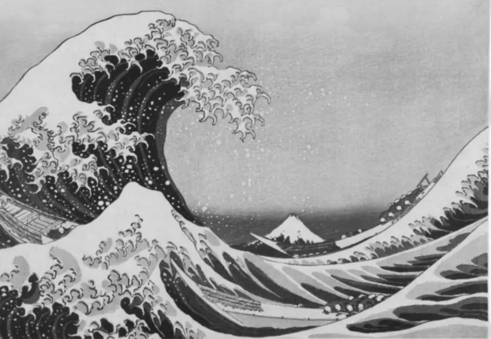 Hokusai, Under the Wave off Kanagawa, printed here in dots of indigo.