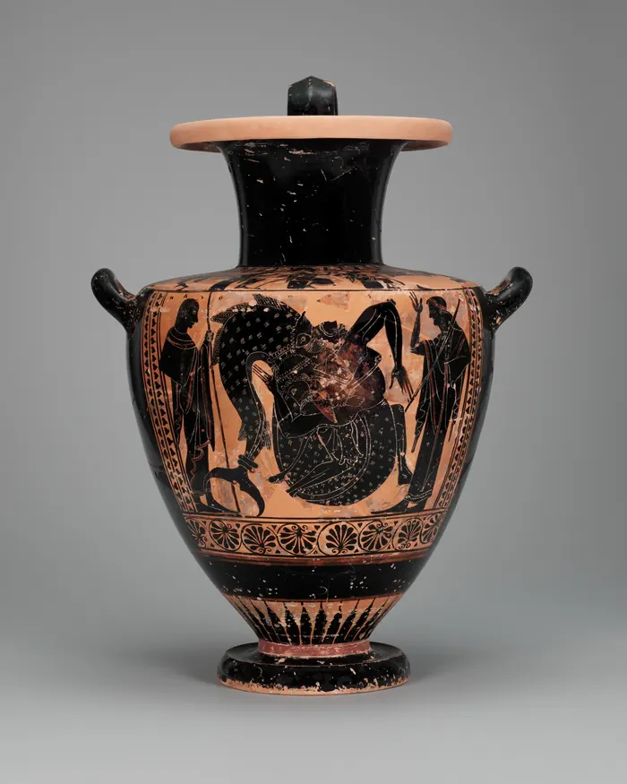Athenian black-figure water jar, a hydria, about 515 to 500 BCE