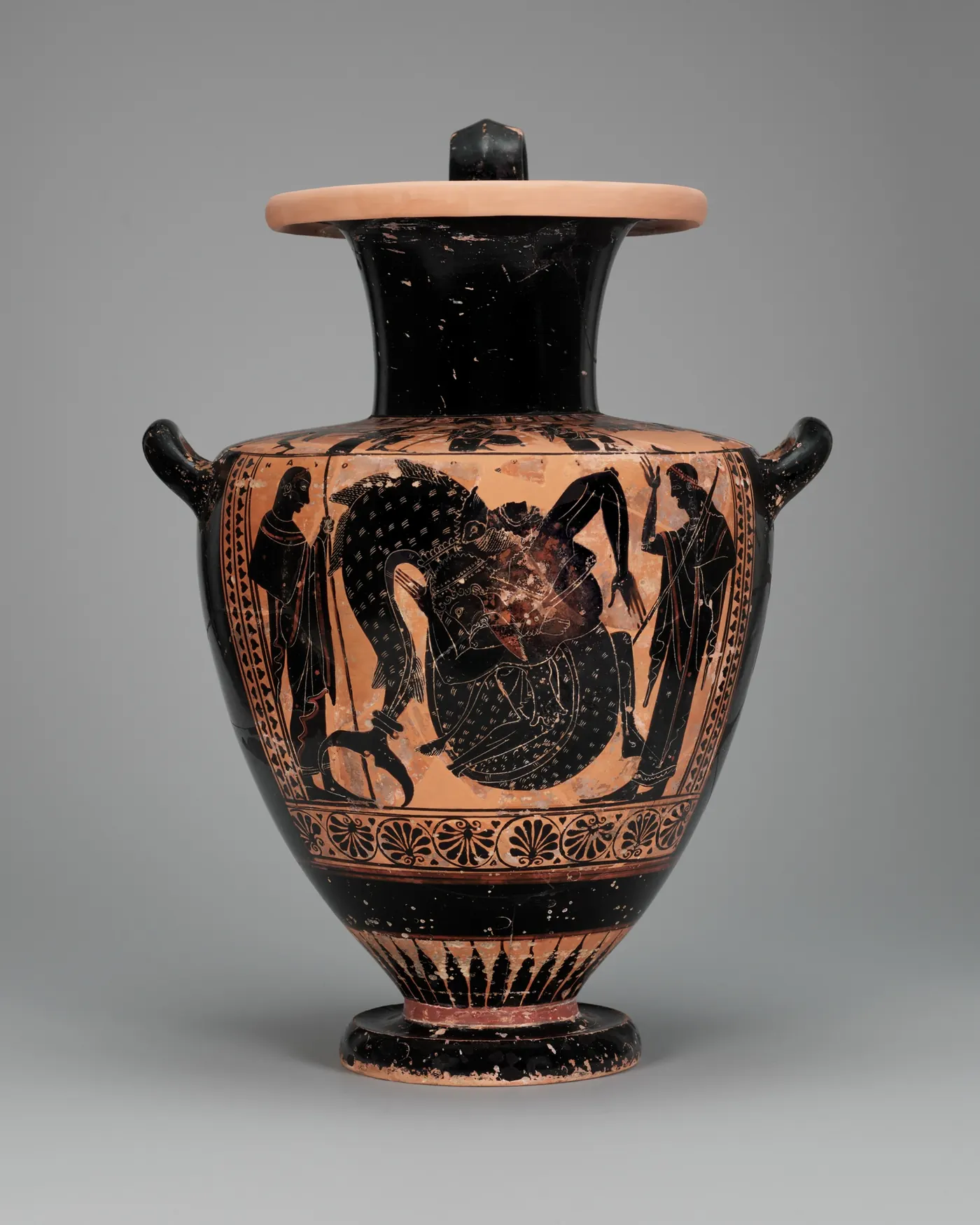 Athenian black-figure water jar, a hydria, about 515 to 500 BCE