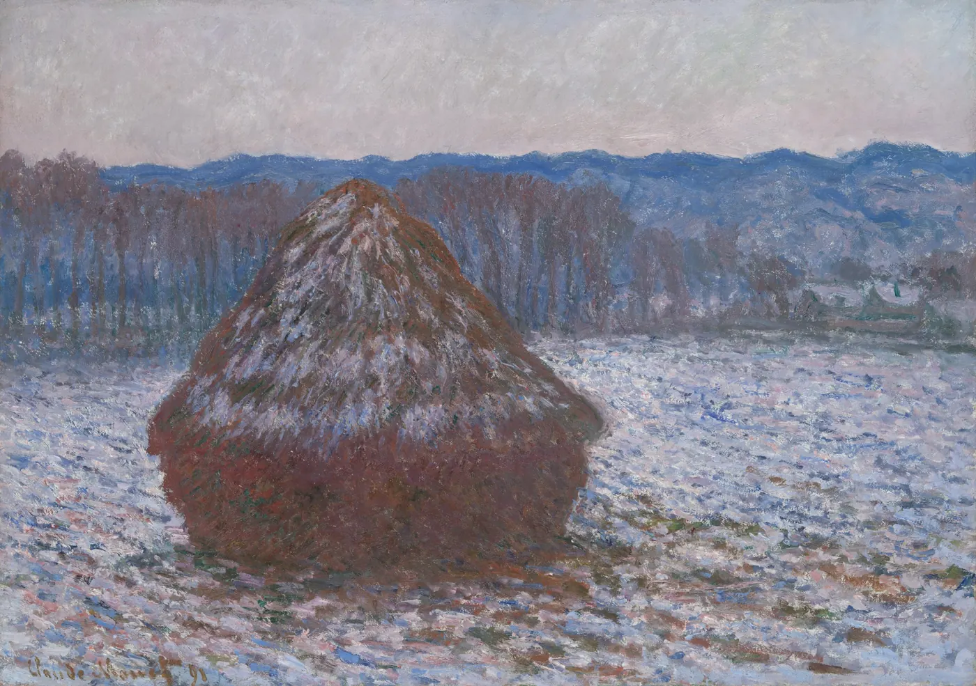 Claude Monet, Stack of Wheat, 1890 to 1891: a single stack in a snowy field under a pale winter sky