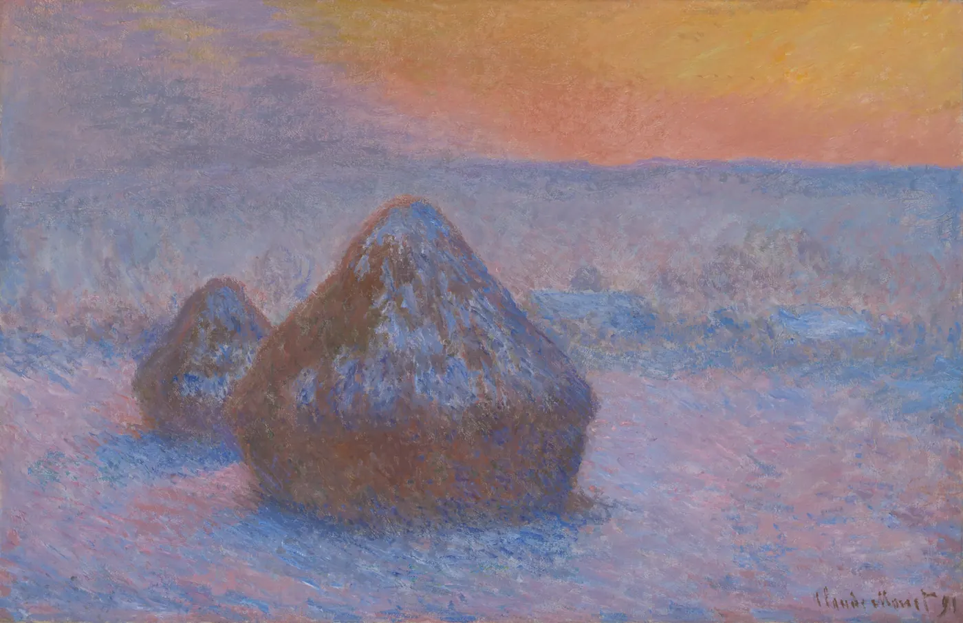 Claude Monet, Stacks of Wheat (Sunset, Snow Effect), 1890 to 1891: two stacks in snow under an orange sunset