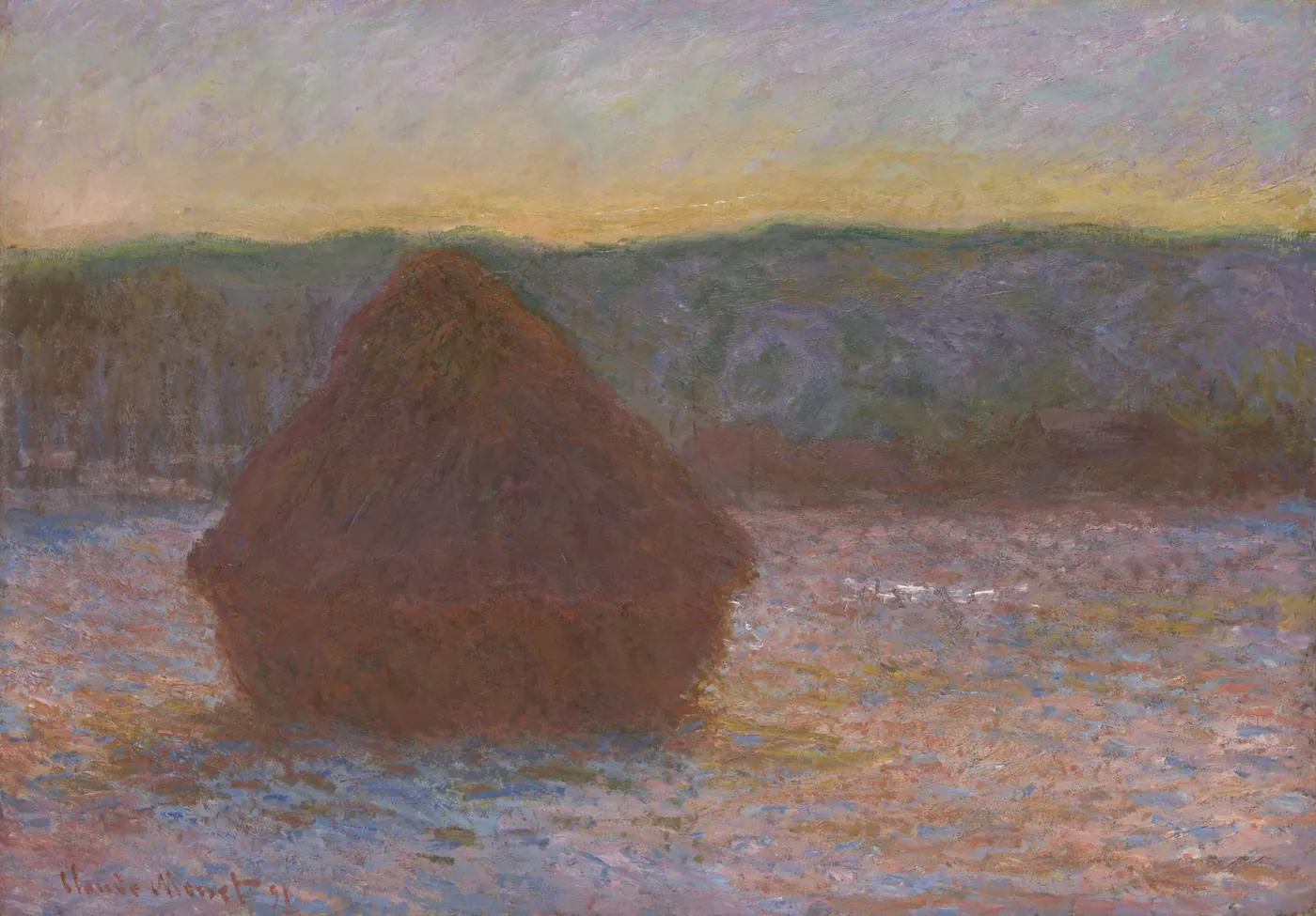 Claude Monet, Stack of Wheat (Thaw, Sunset), 1890 to 1891: a dark stack against thawing ground at sunset