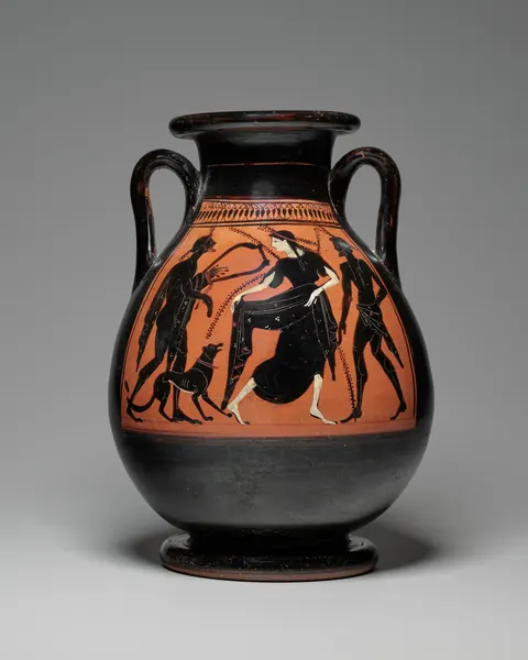 Greek black-figure storage jar, a pelike, about 510 to 500 BCE