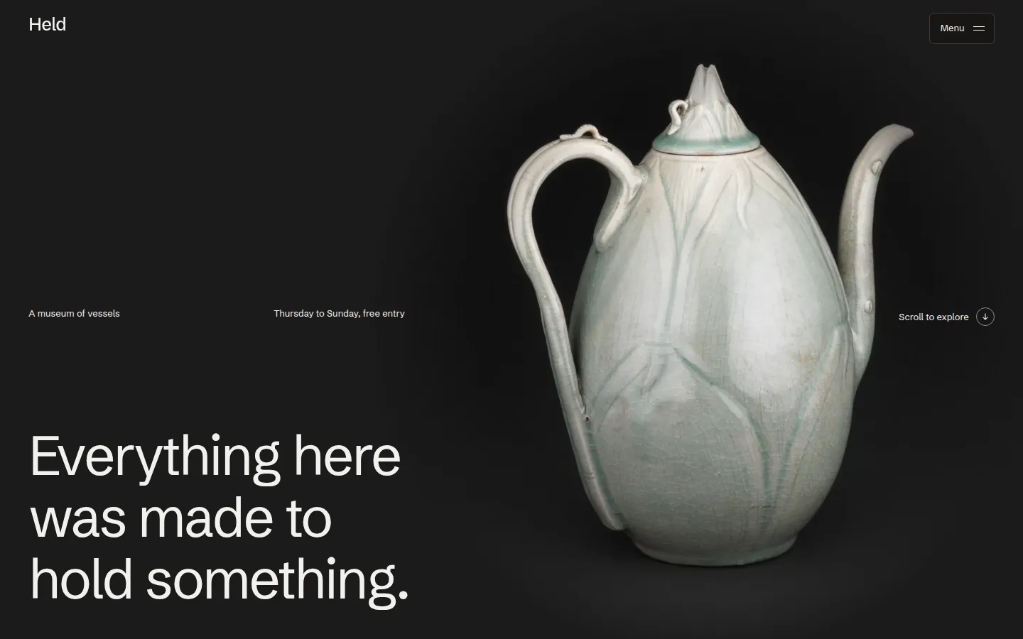 Screenshot of the Held study, a museum of vessels in stacked colour chapters.