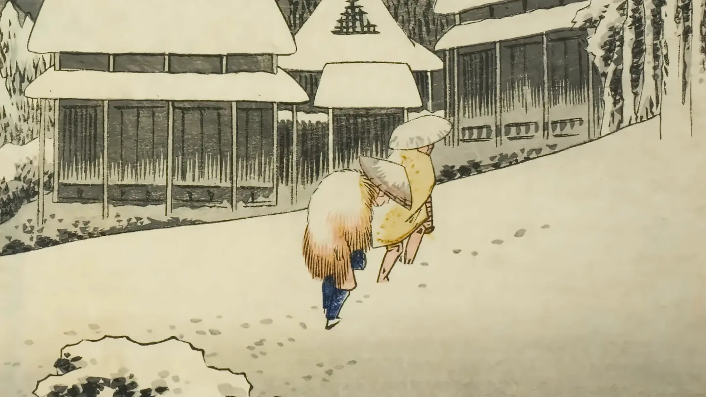 Hiroshige, Kanbara: Evening Snow. Two travellers bent under hats and straw capes walk through a sleeping village in deep snow.