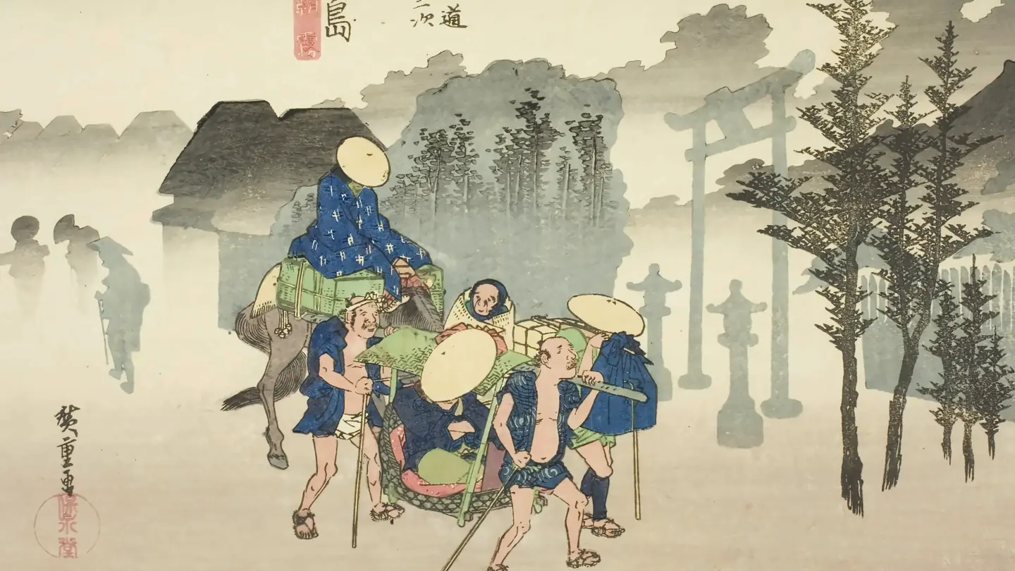 Hiroshige, Mishima: Morning Mist. Bearers carry a palanquin and a rider through the mist past a shrine gate.