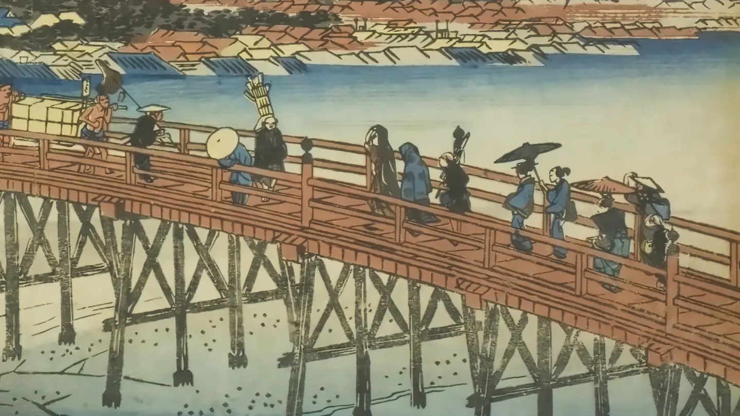 Hiroshige, Kyoto: The Great Bridge at Sanjō. A procession crosses the long wooden bridge into Kyoto below the eastern hills.