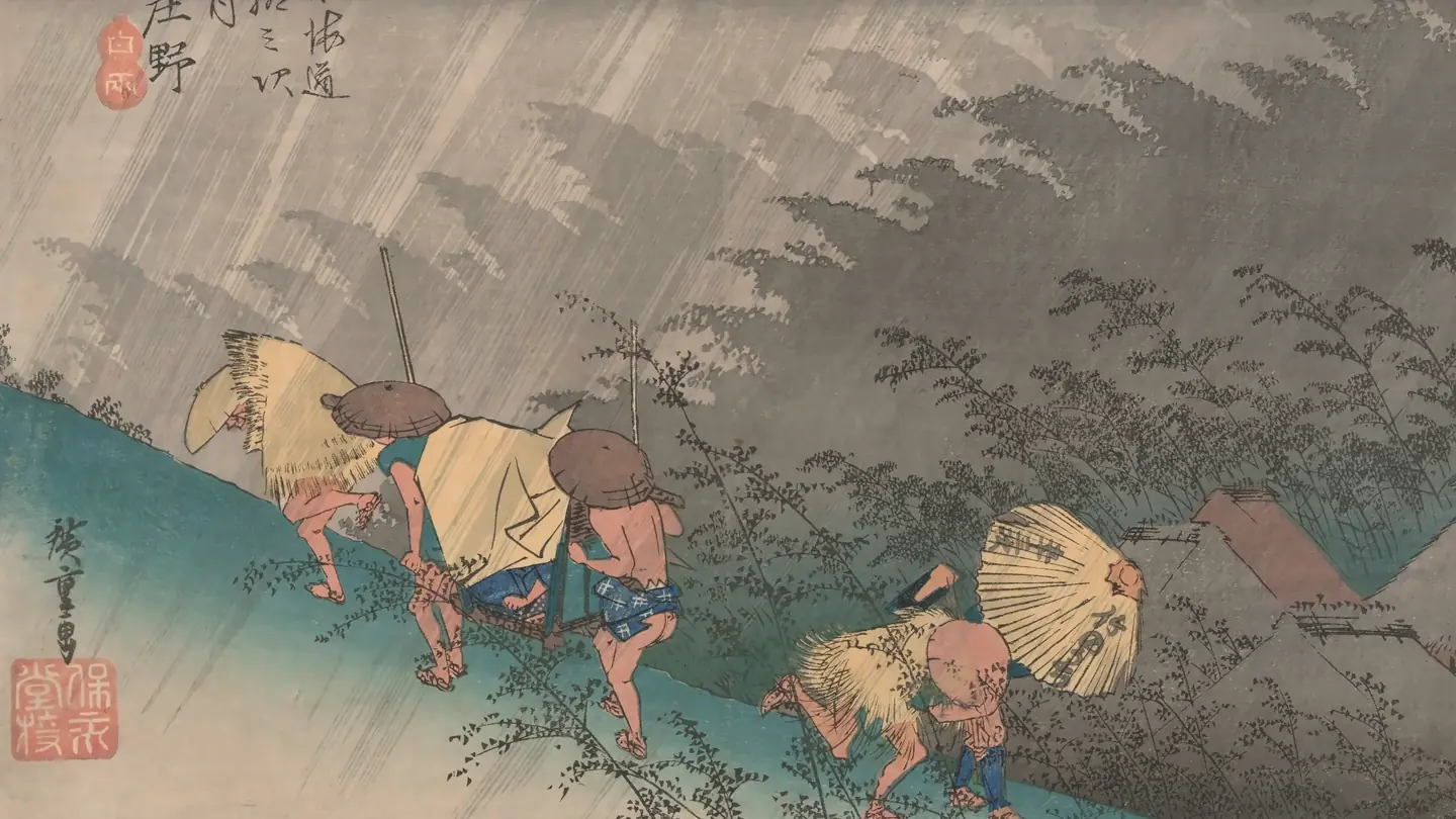 Hiroshige, Shōno: Driving Rain. Bearers run a palanquin down a slope through slanting rain and bending bamboo.