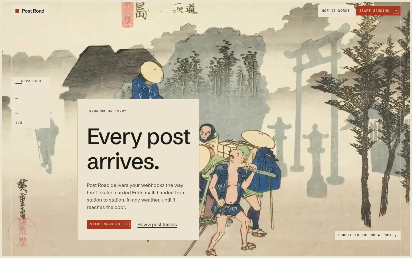 Screenshot of the Post Road study, Hiroshige's road played as a scroll film.