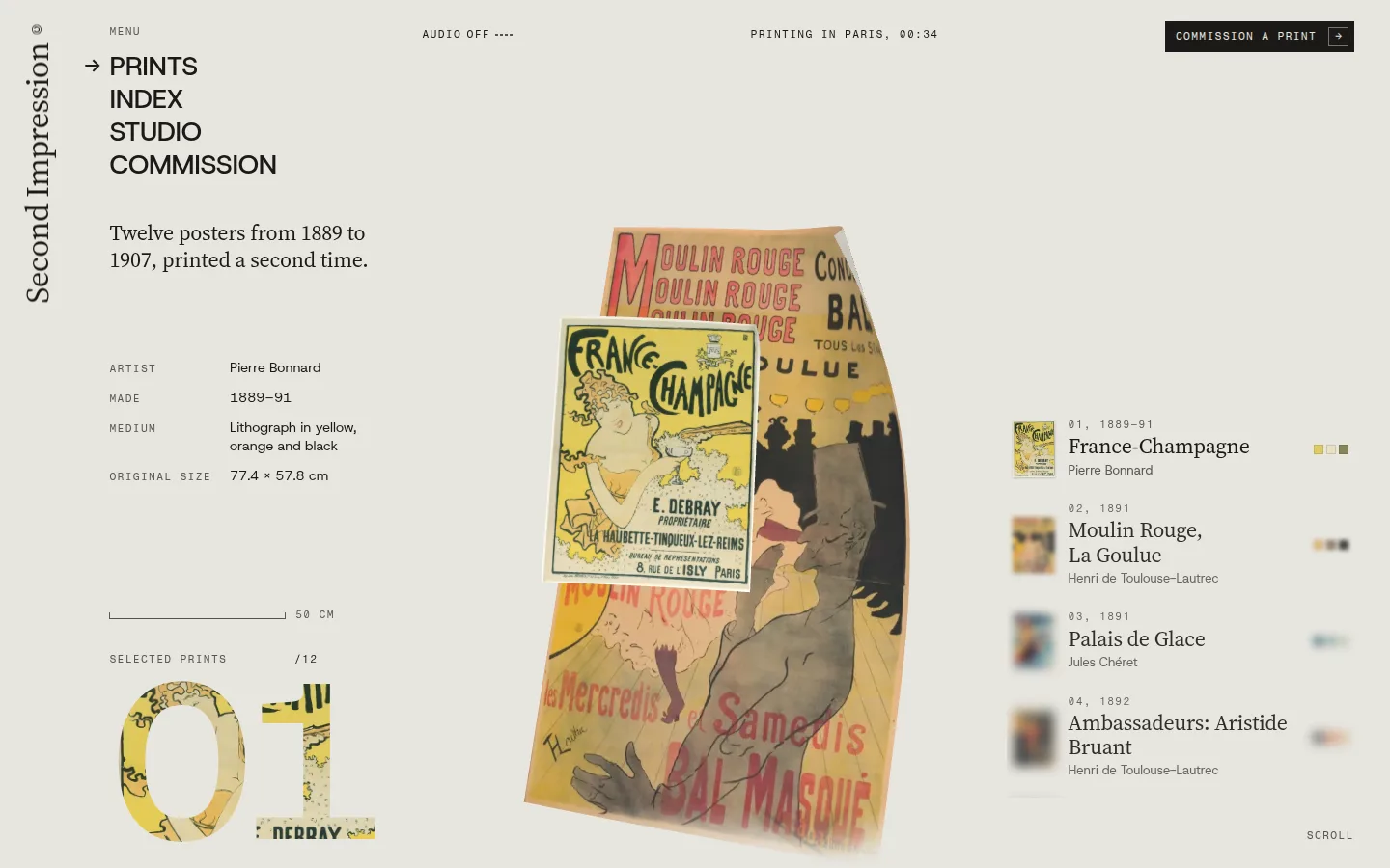 Screenshot of the Second Impression study, Belle Époque posters as curled paper in 3D.