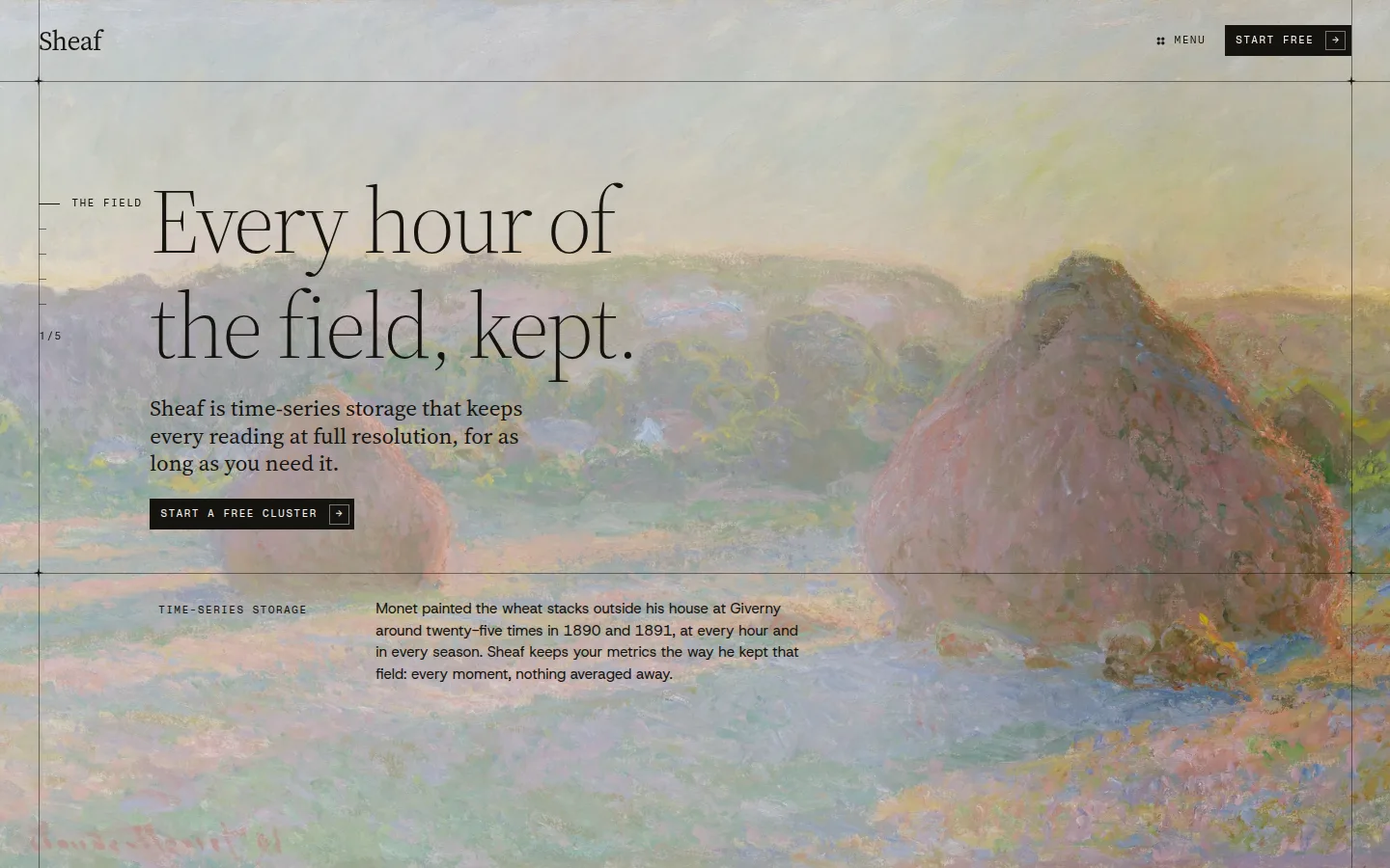 Screenshot of the Sheaf study, Monet's haystacks behind a hairline interface.