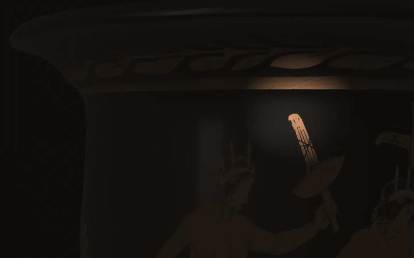 Close on The Met's bell-krater in the dark: a painted runner's torch, held up, its head lit by the flame above it.