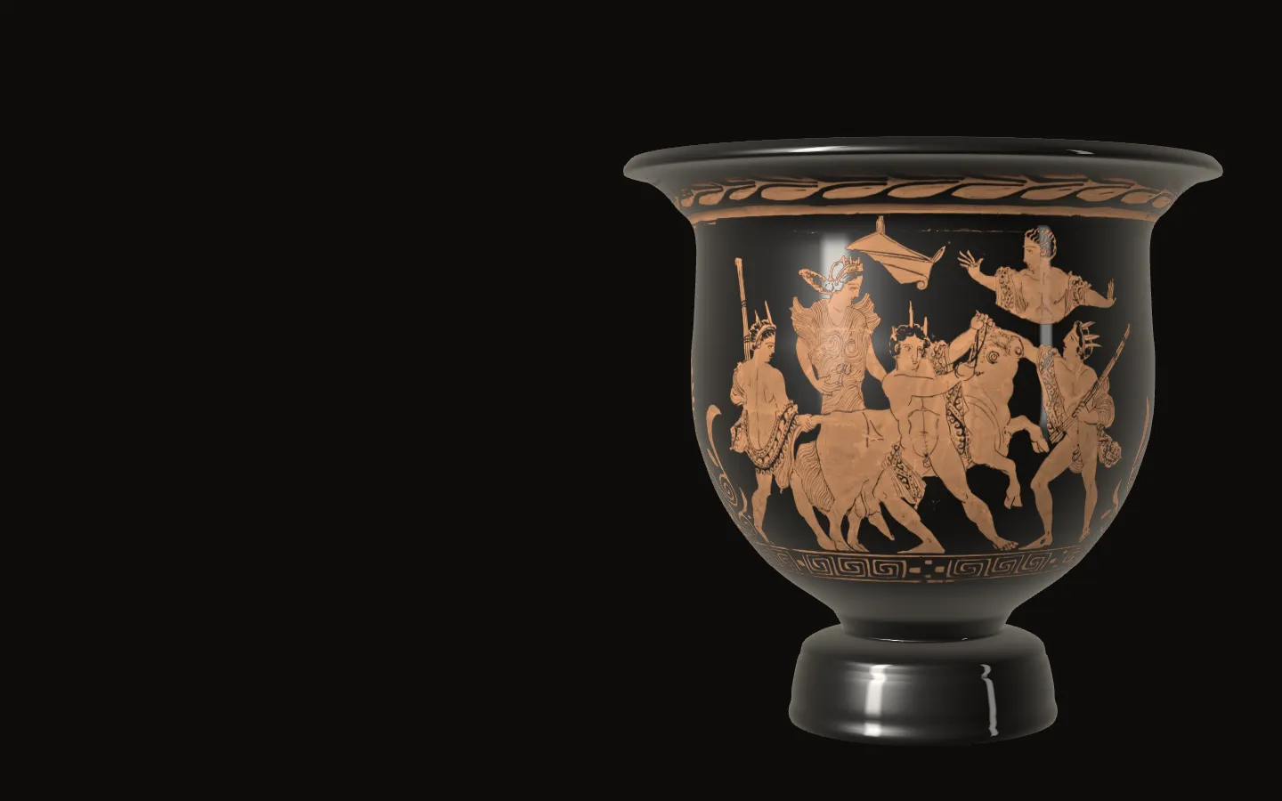 The krater with side B facing: youths with torches lead in a bull, a woman beside them and a winged figure leaning in from above.