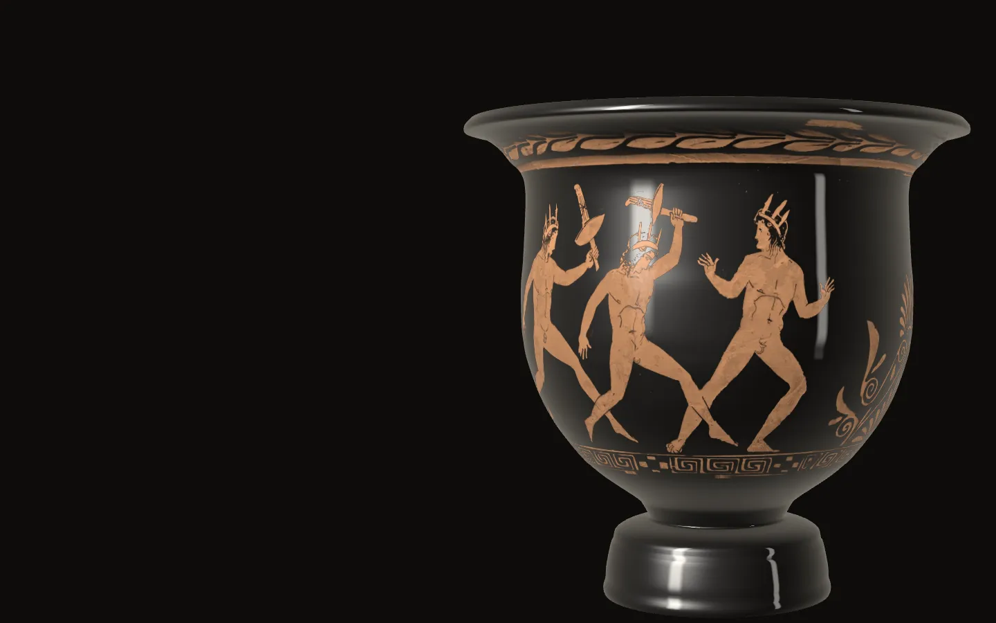 The krater turned to side A: a runner swings his torch overhead as the next looks back with his hands open to take it.