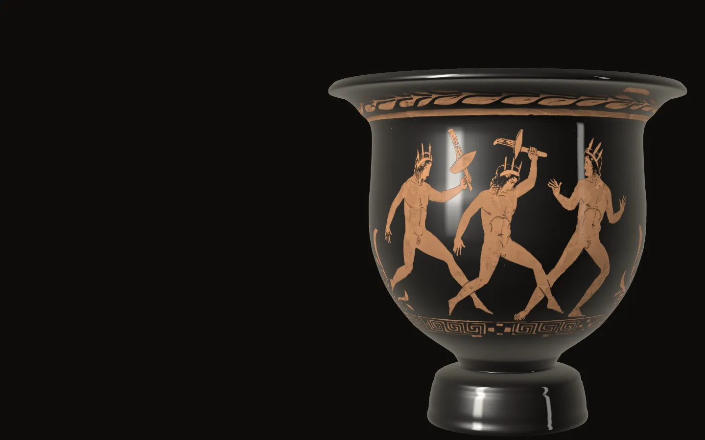 The krater's torch race: three runners in spiked crowns, the middle one carrying his torch overhead.
