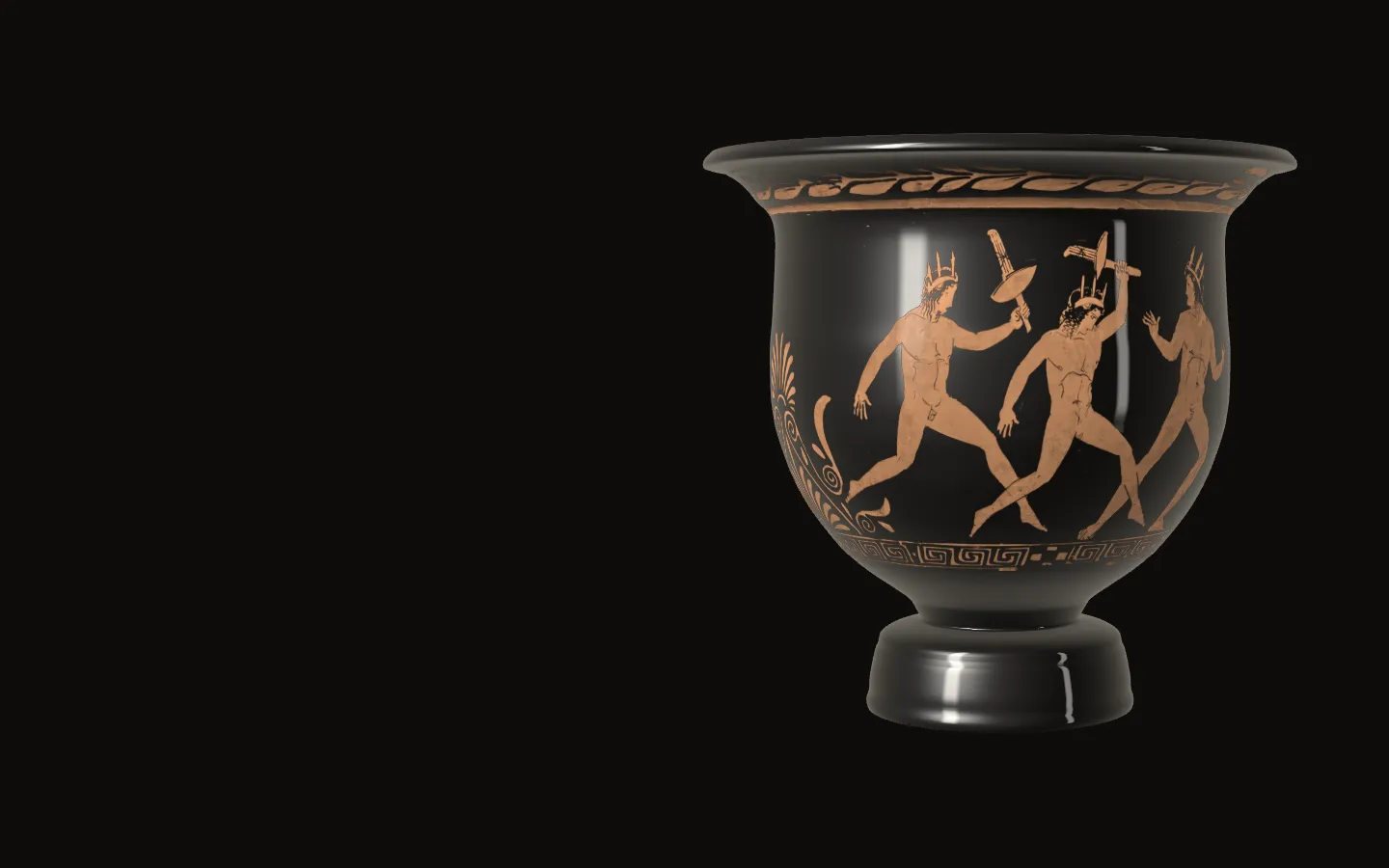 The krater at rest with side A facing: the first runner's torch held up at the centre, the race around it.