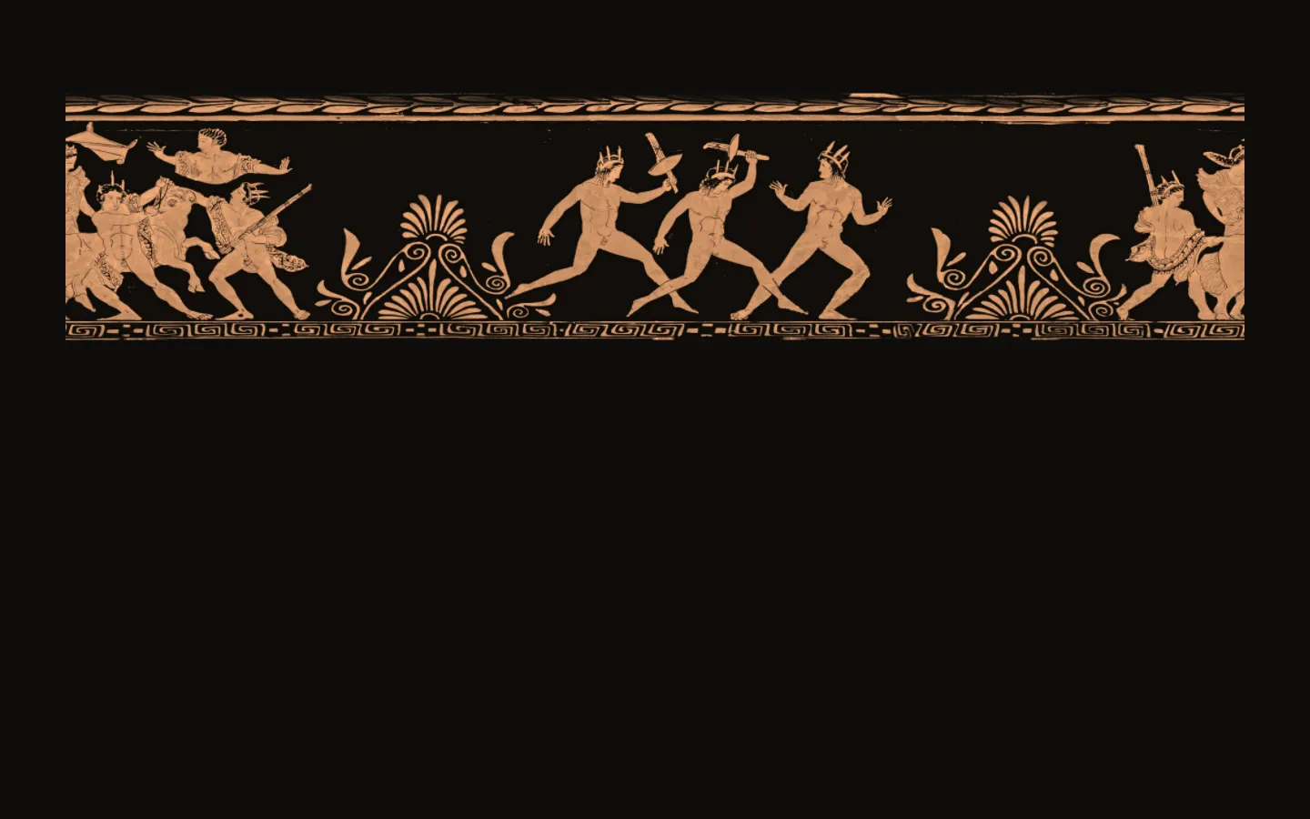 The krater's painting laid flat in one strip: the bull led in, a palmette, the torch race at the centre, and a second palmette.